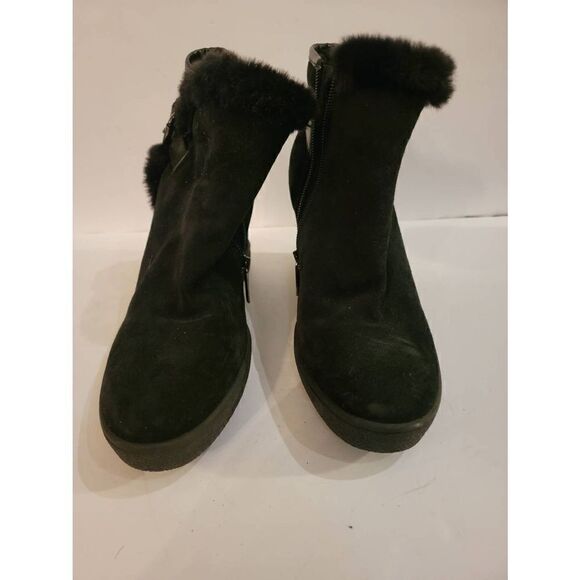 Aquatalia Christa Women's Black Suede Side Zip Fur Wedge Ankle Boots Size 8.5 - Picture 1 of 7